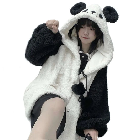 Winter Kawaii Hoodies Women Panda Ears Hooded Sweatshirt Plush Balls