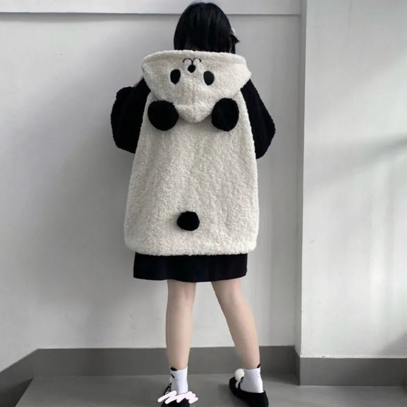 Winter Kawaii Hoodies Women Panda Ears Hooded Sweatshirt Plush Balls