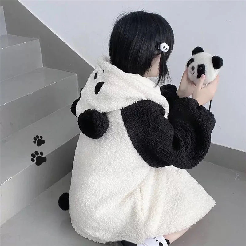 Winter Kawaii Hoodies Women Panda Ears Hooded Sweatshirt Plush Balls