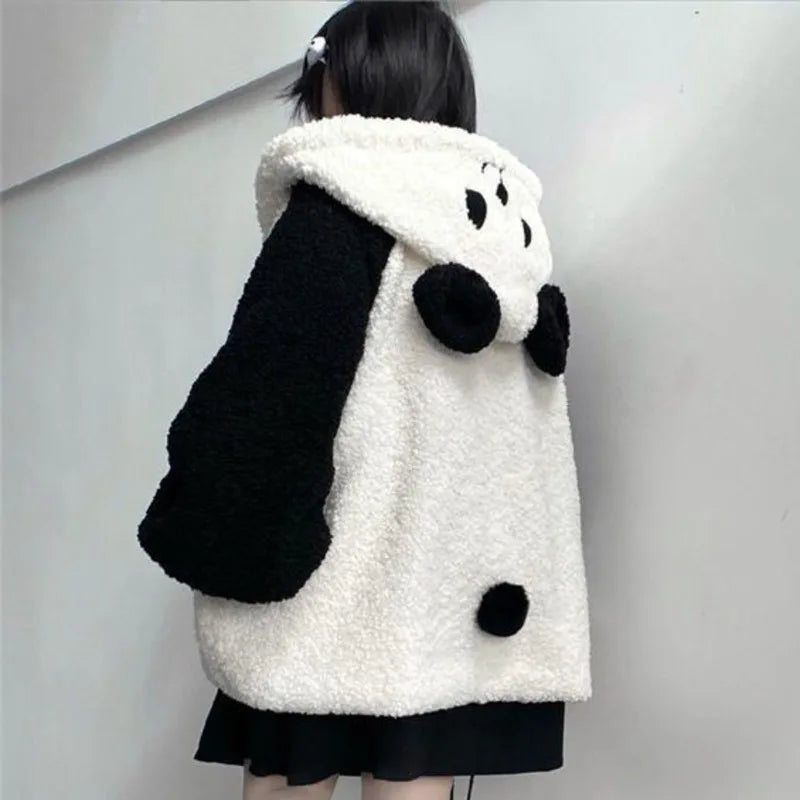 Winter Kawaii Hoodies Women Panda Ears Hooded Sweatshirt Plush Balls