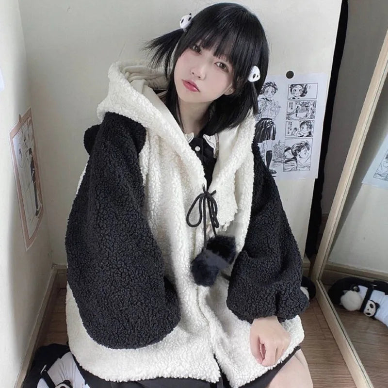 Winter Kawaii Hoodies Women Panda Ears Hooded Sweatshirt Plush Balls