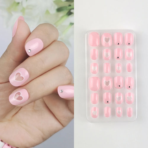 24 Pcs Rainbow Kids Press on Nails Pre-glue Children Heart Pattern