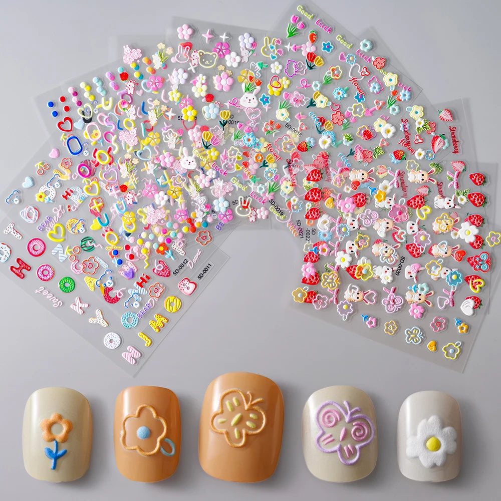 1pcs 5D Kawaii Nail Sticker Colourful Flower Letter Nail Art Slider