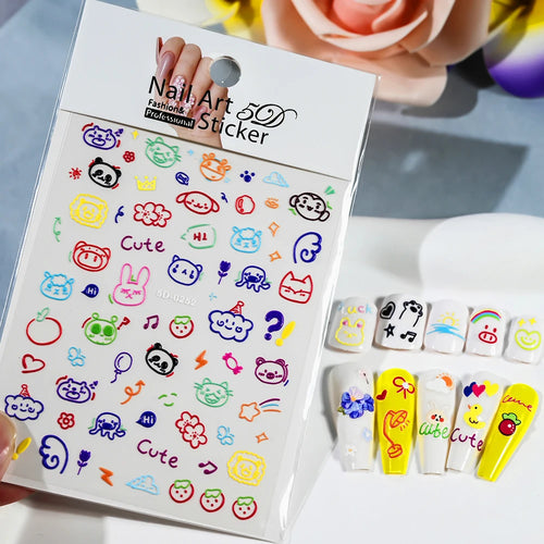 1pcs 5D Kawaii Nail Sticker Colourful Flower Letter Nail Art Slider