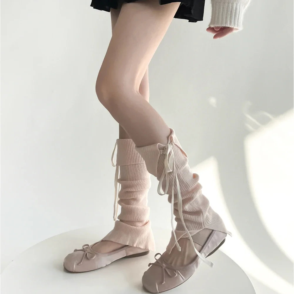 Women Ballet Style Leg Warmers Sweet Girls Bandage Bow Long Socks