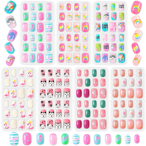 168pcs Kid False Nail Tips Flower Marine Life for Children Full Cover