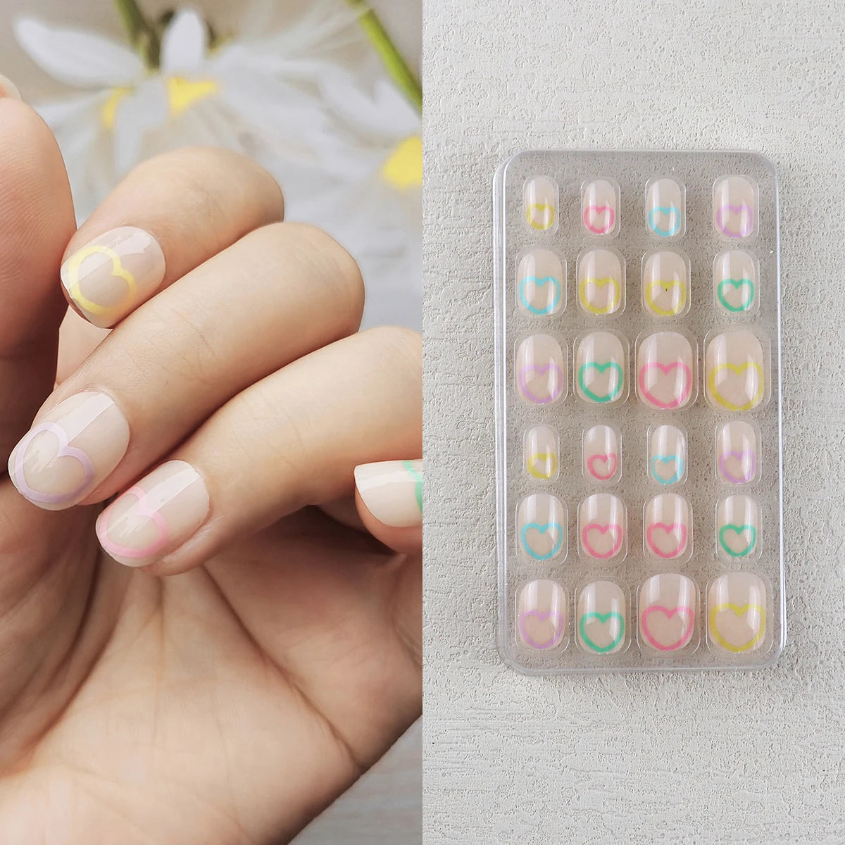 24 Pcs Rainbow Kids Press on Nails Pre-glue Children Heart Pattern