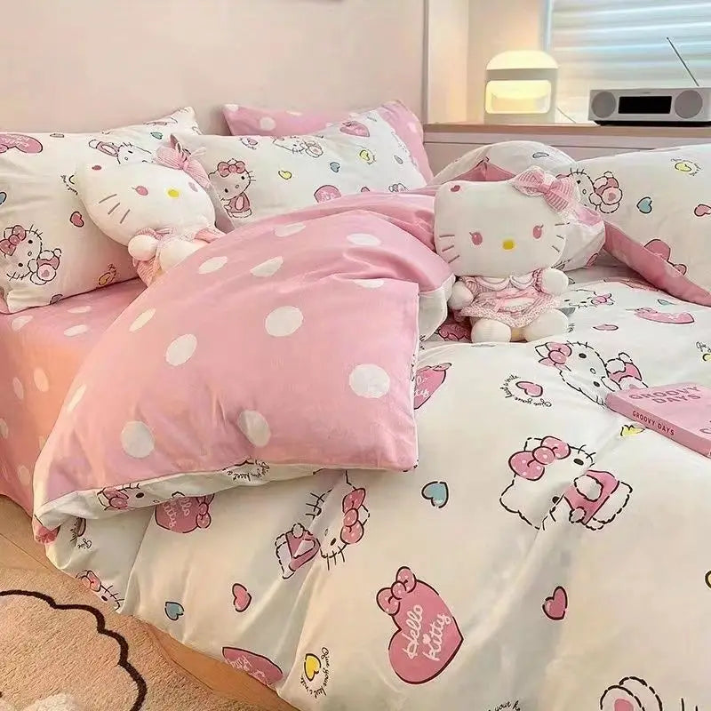 4Pcs/set Kawaii Anime Cartoon Hello Kitty Bedding Quilt Cover Student