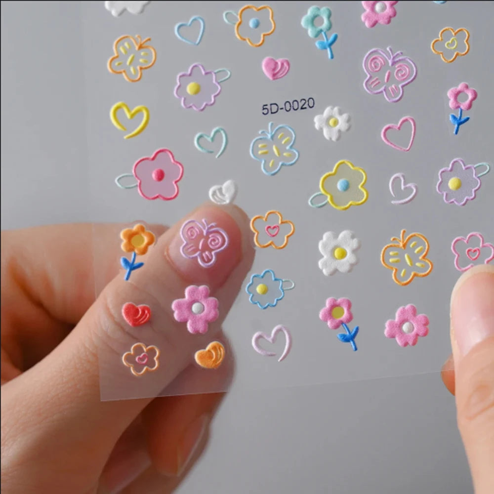 1pcs 5D Kawaii Nail Sticker Colourful Flower Letter Nail Art Slider