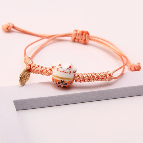 Ceramic Lucky Cat Bracelets For Women Girls Red Hand-woven Rope Bangle