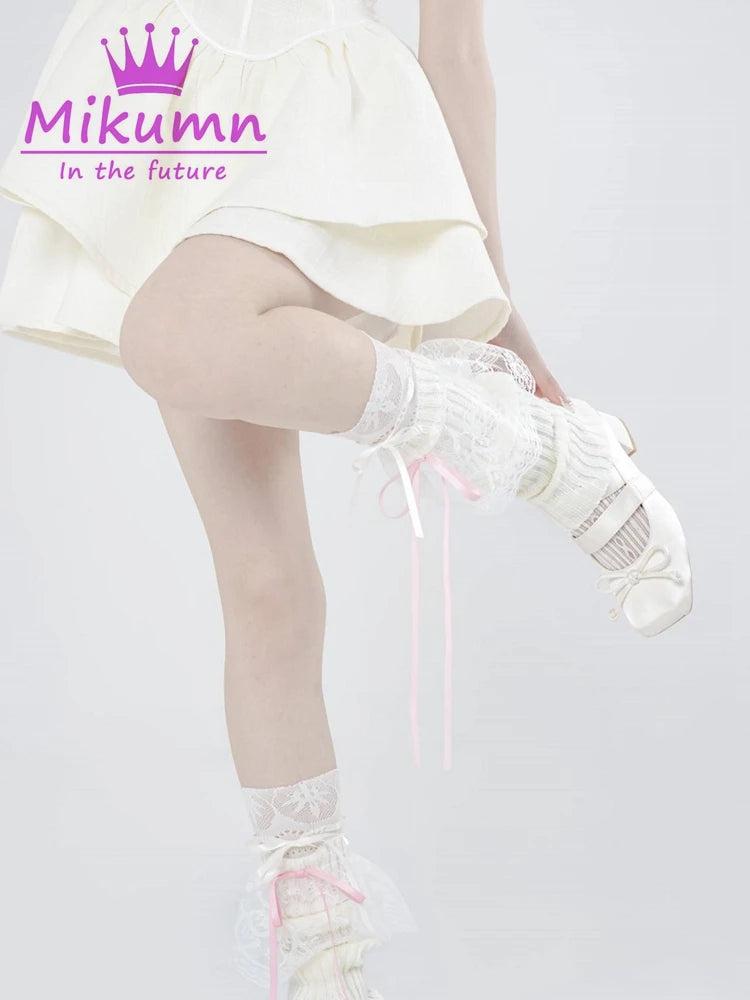 Harajuku Lovely Ribbon Bow Lace Knitted Leg Warmers Socks Aesthetic