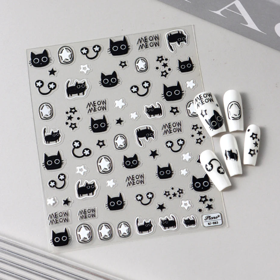 Cute Black Cat Nail Stickers Decals 5D Embossed Kawaii Cat Flowers