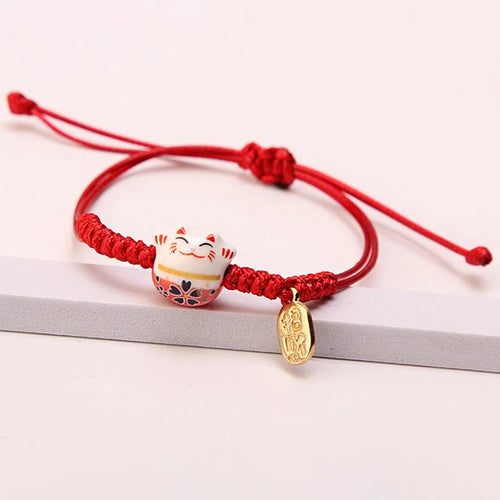 Ceramic Lucky Cat Bracelets For Women Girls Red Hand-woven Rope Bangle