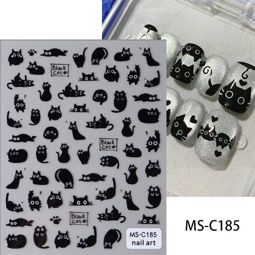 Cute Black Cat Nail Stickers Decals 5D Embossed Kawaii Cat Flowers