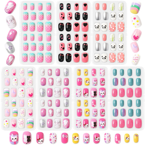 168pcs Kid False Nail Tips Flower Marine Life for Children Full Cover