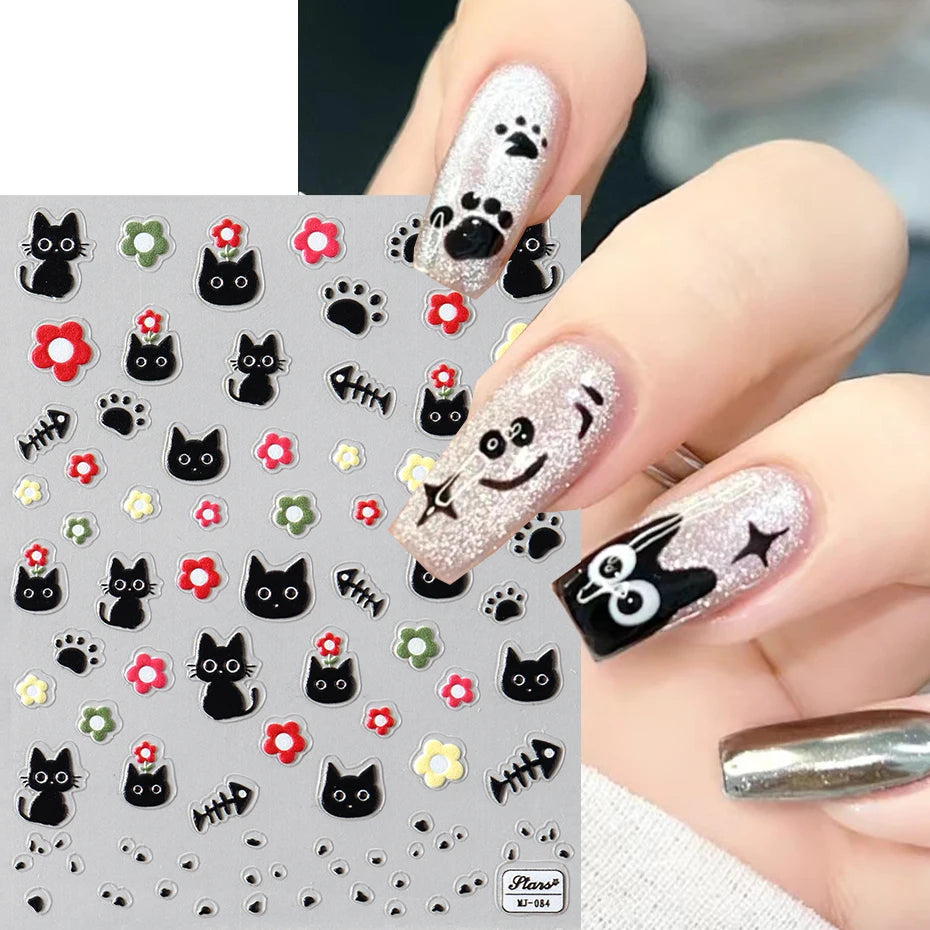 Cute Black Cat Nail Stickers Decals 5D Embossed Kawaii Cat Flowers