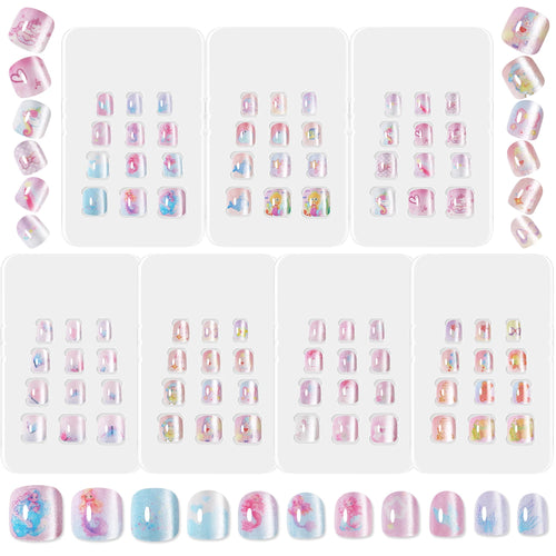 168pcs Kid False Nail Tips Flower Marine Life for Children Full Cover