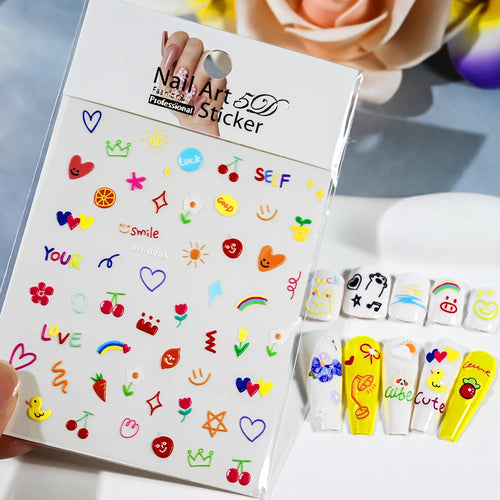 1pcs 5D Kawaii Nail Sticker Colourful Flower Letter Nail Art Slider