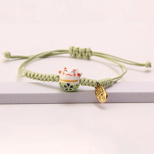 Ceramic Lucky Cat Bracelets For Women Girls Red Hand-woven Rope Bangle