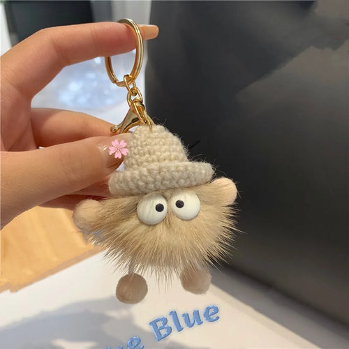 New Cute Mink Fur lanyard Briquettes Keychain Car KeyRing Pendant