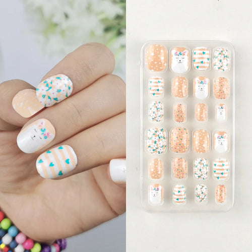 24 Pcs Rainbow Kids Press on Nails Pre-glue Children Heart Pattern