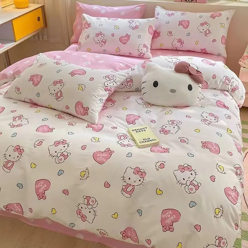 4Pcs/set Kawaii Anime Cartoon Hello Kitty Bedding Quilt Cover Student