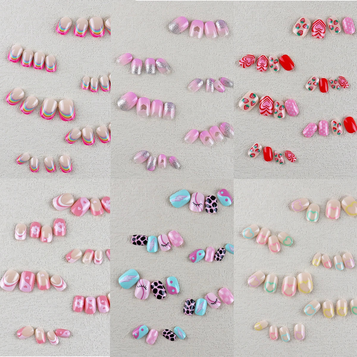 24 Pcs Rainbow Kids Press on Nails Pre-glue Children Heart Pattern