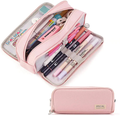 Large Capacity Pencil Case 3 Compartment Pouch Pen Bag Double