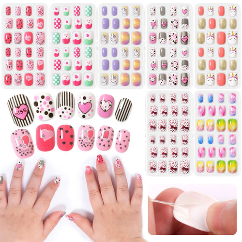 168pcs Kid False Nail Tips Flower Marine Life for Children Full Cover