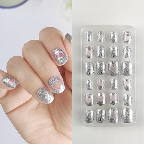 24 Pcs Rainbow Kids Press on Nails Pre-glue Children Heart Pattern