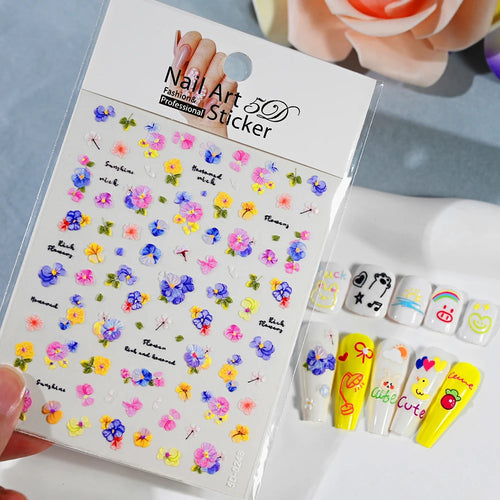 1pcs 5D Kawaii Nail Sticker Colourful Flower Letter Nail Art Slider