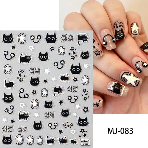 Cute Black Cat Nail Stickers Decals 5D Embossed Kawaii Cat Flowers