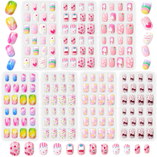 168pcs Kid False Nail Tips Flower Marine Life for Children Full Cover