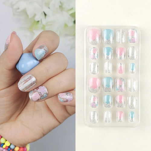 24 Pcs Rainbow Kids Press on Nails Pre-glue Children Heart Pattern