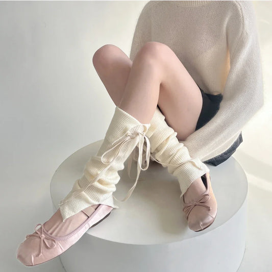 Women Ballet Style Leg Warmers Sweet Girls Bandage Bow Long Socks