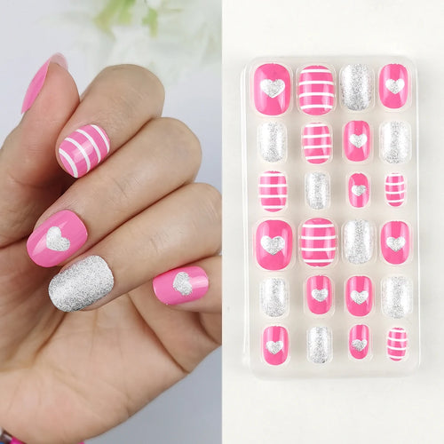 24 Pcs Rainbow Kids Press on Nails Pre-glue Children Heart Pattern