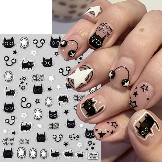 Cute Black Cat Nail Stickers Decals 5D Embossed Kawaii Cat Flowers