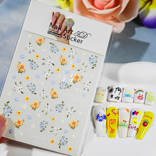 1pcs 5D Kawaii Nail Sticker Colourful Flower Letter Nail Art Slider