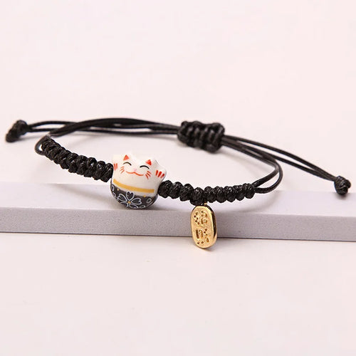 Ceramic Lucky Cat Bracelets For Women Girls Red Hand-woven Rope Bangle