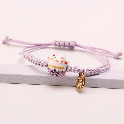 Ceramic Lucky Cat Bracelets For Women Girls Red Hand-woven Rope Bangle