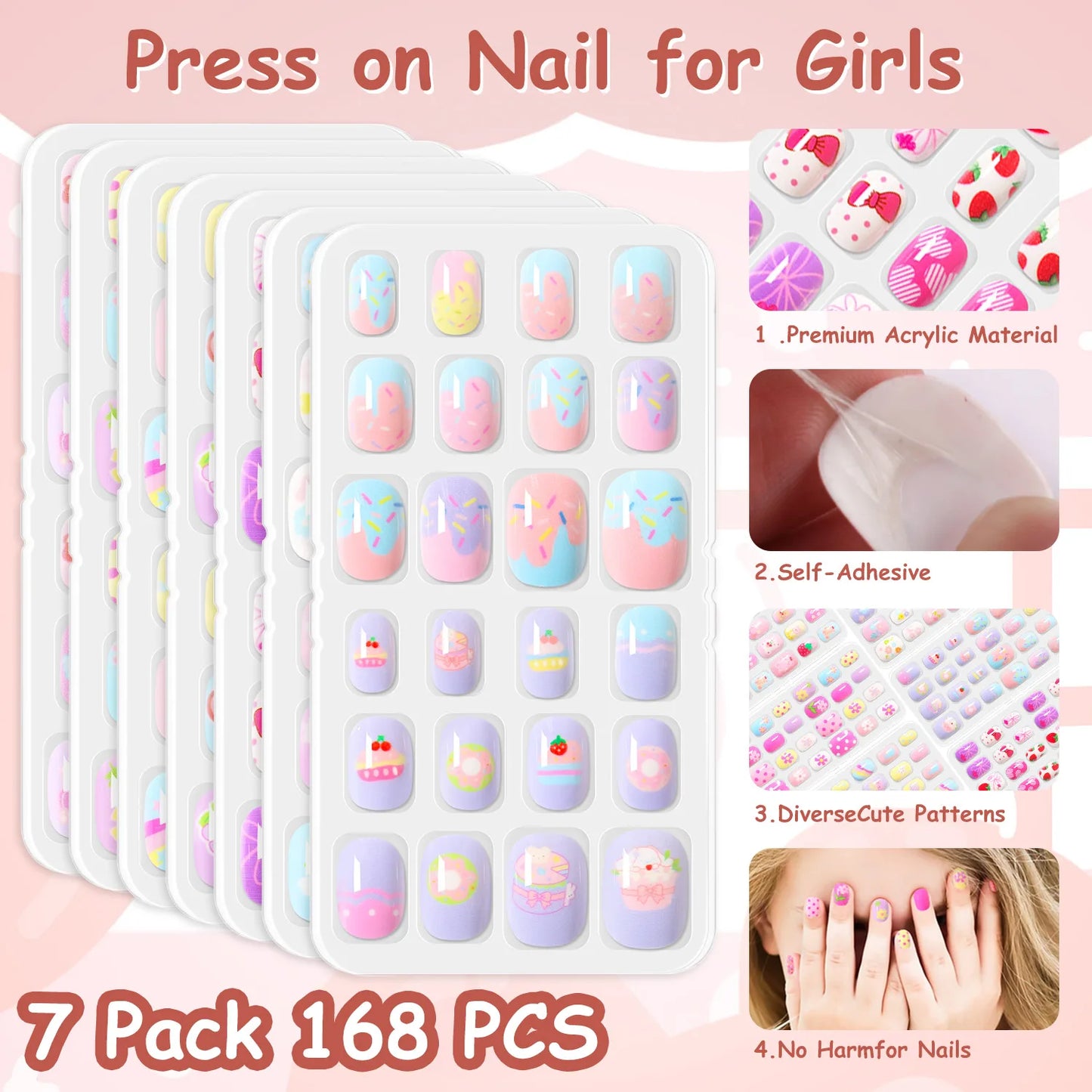 168pcs Kid False Nail Tips Flower Marine Life for Children Full Cover