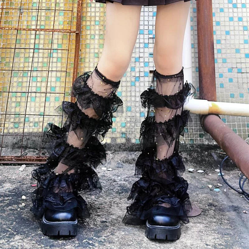 Women Layered Mesh Ruffle Leg Warmers Kawaii Thigh High Socks