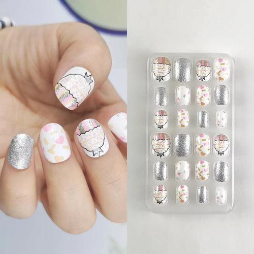 24 Pcs Rainbow Kids Press on Nails Pre-glue Children Heart Pattern