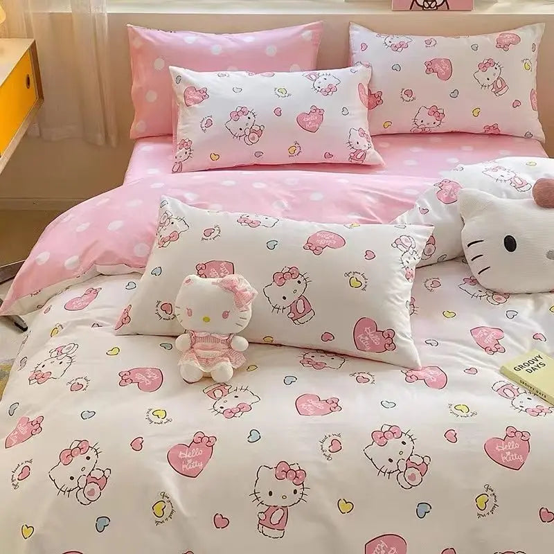 4Pcs/set Kawaii Anime Cartoon Hello Kitty Bedding Quilt Cover Student