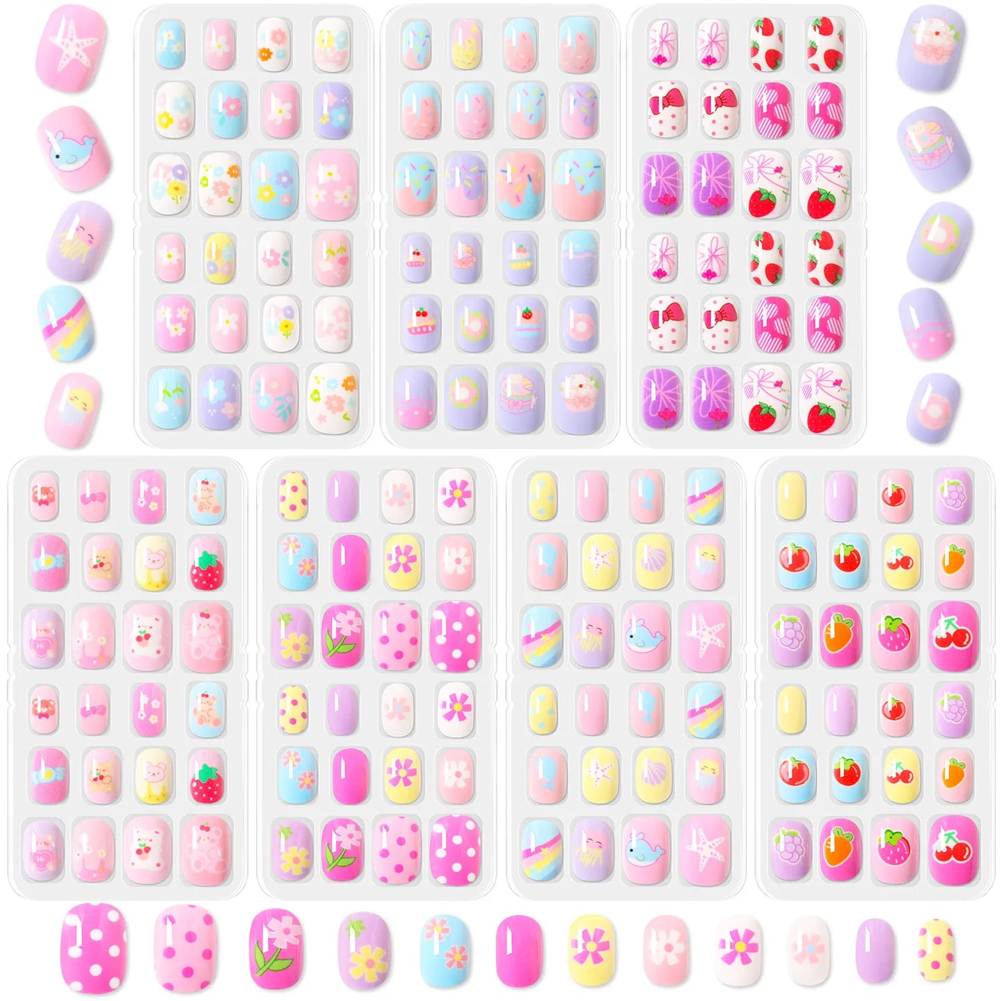 168pcs Kid False Nail Tips Flower Marine Life for Children Full Cover