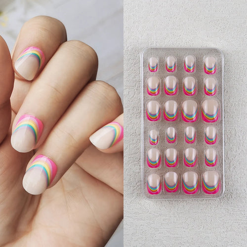 24 Pcs Rainbow Kids Press on Nails Pre-glue Children Heart Pattern