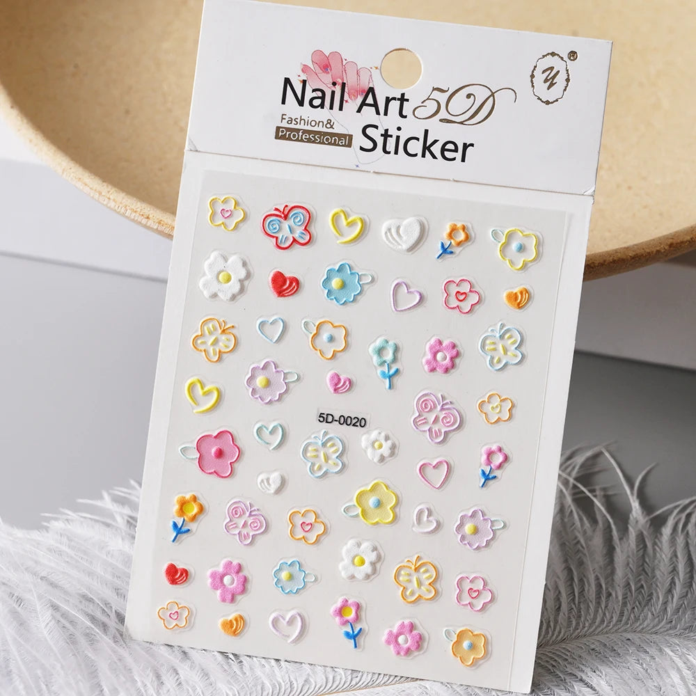 1pcs 5D Kawaii Nail Sticker Colourful Flower Letter Nail Art Slider