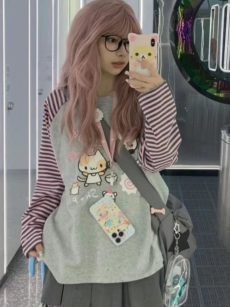 Y2k Harajuku Kawaii Striped Hoodie Women Japanese Fashion