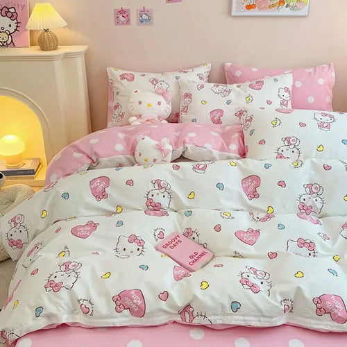 4Pcs/set Kawaii Anime Cartoon Hello Kitty Bedding Quilt Cover Student