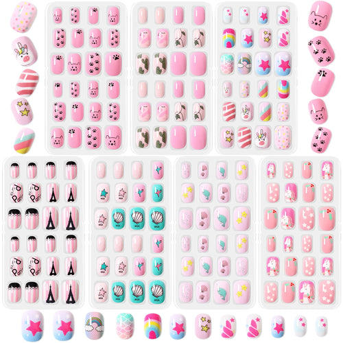 168pcs Kid False Nail Tips Flower Marine Life for Children Full Cover